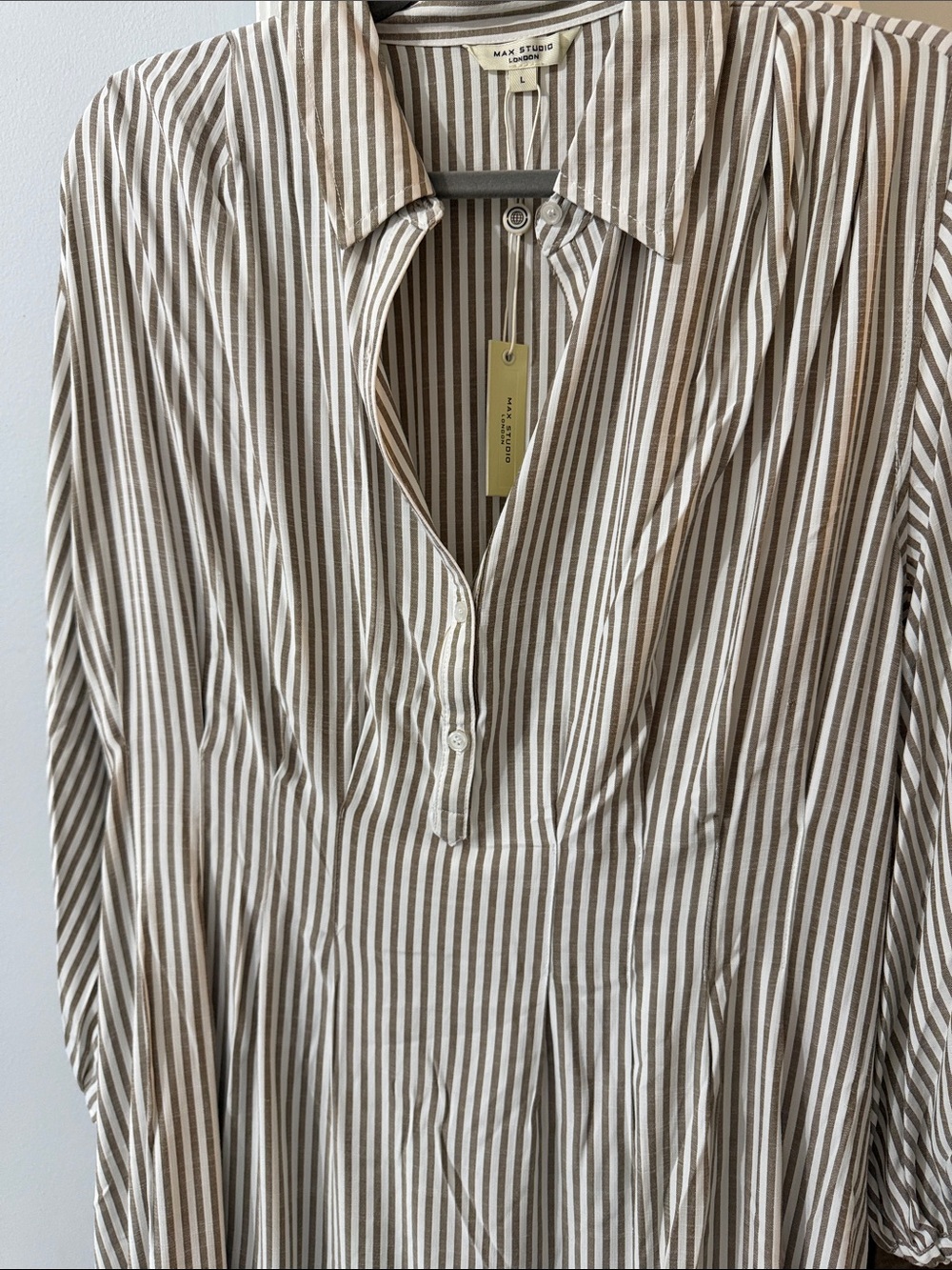 Max Studio Striped Collared Midi Dress in Beige and White - Picture 4 of 4